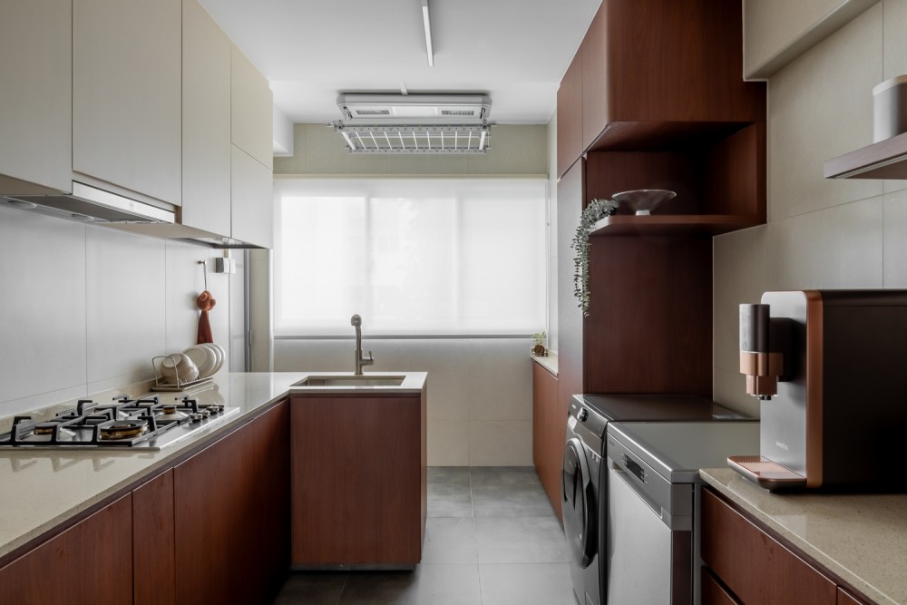 Asian Kitchen with Countertop and Homogeneous Tiles