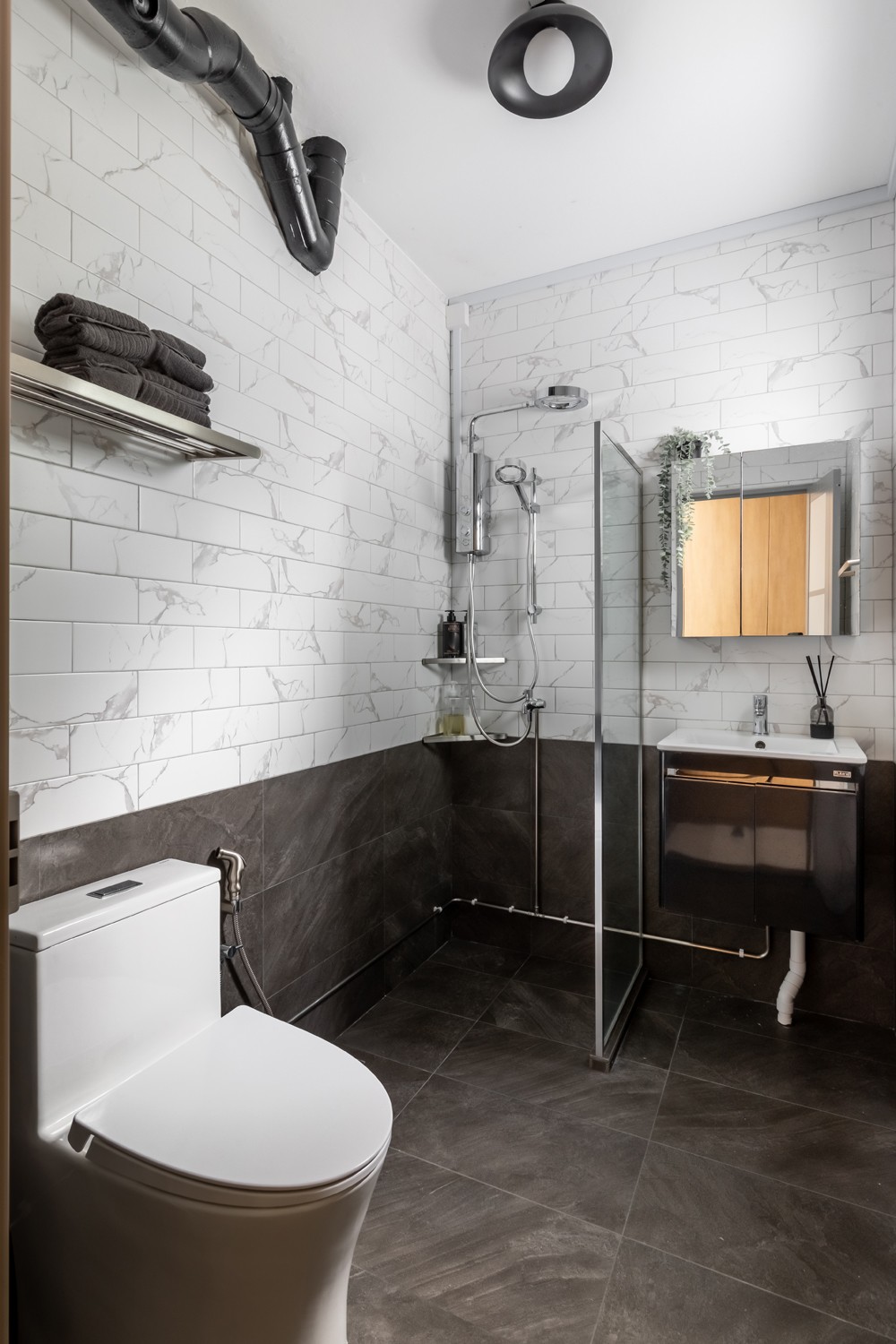 Asian Bathroom with Mirror and Shower Screen