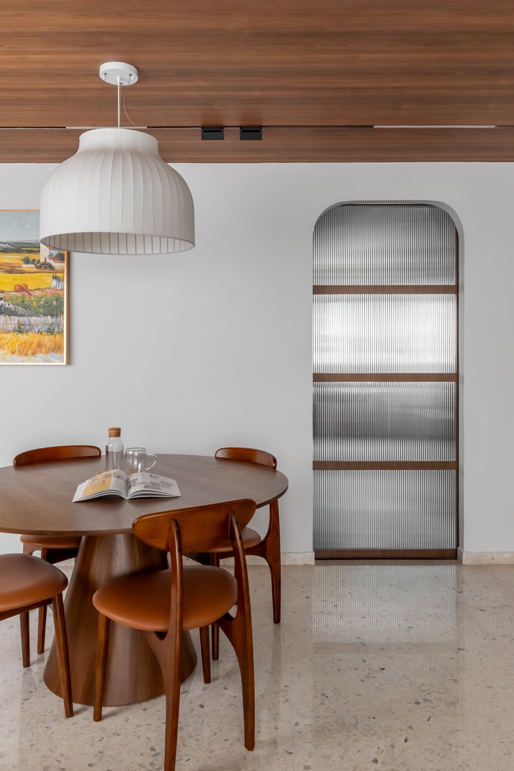 Asian Dining Room with Glass Door and Dining Table