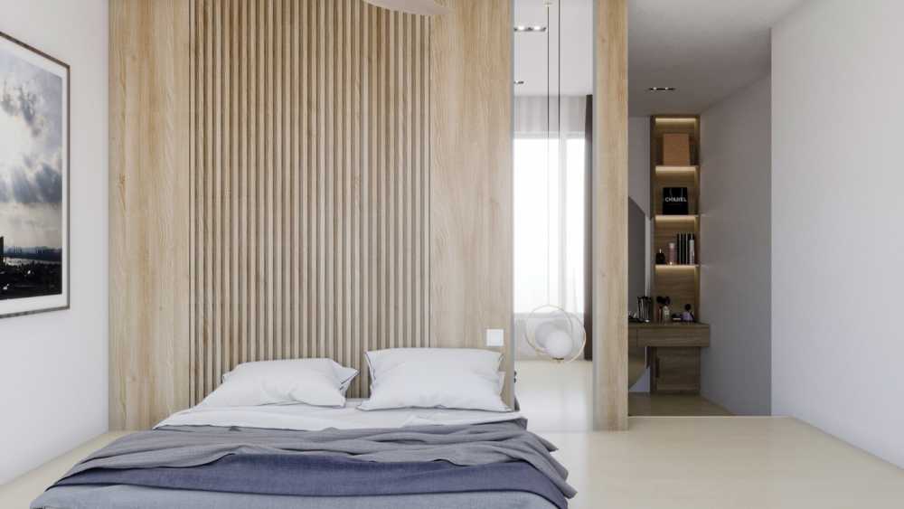 Contemporary Bedroom with Bookshelf and Platform Bed
