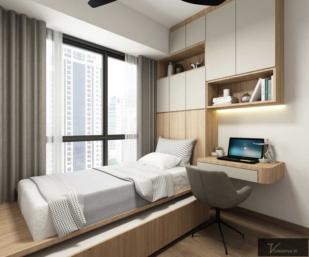 Contemporary Bedroom with Bookshelf and Platform Bed
