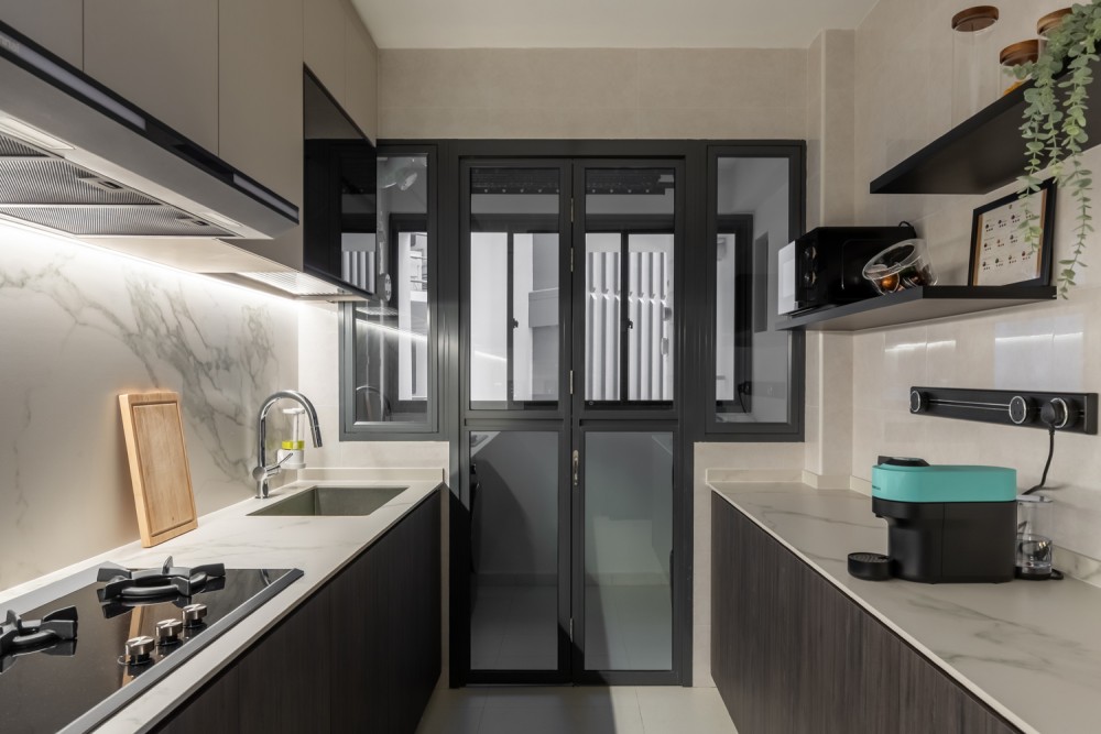 Contemporary Kitchen with Countertop and Herringbone Tiling