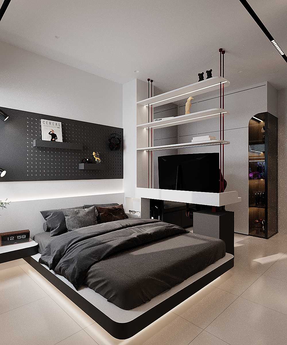 Modern Bedroom with Bookshelf and Bedside Table