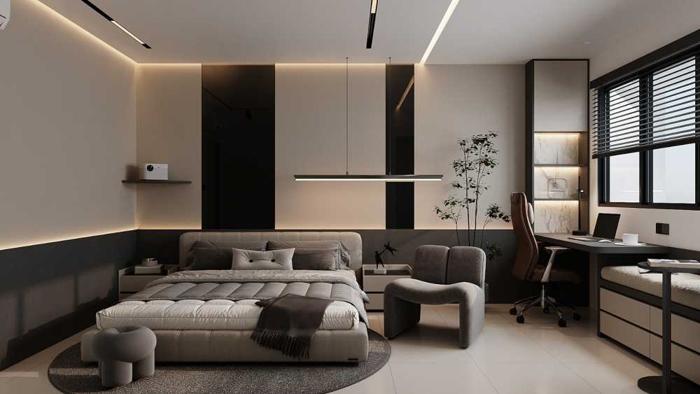 Modern Bedroom with Bookshelf and Homogeneous Tiles
