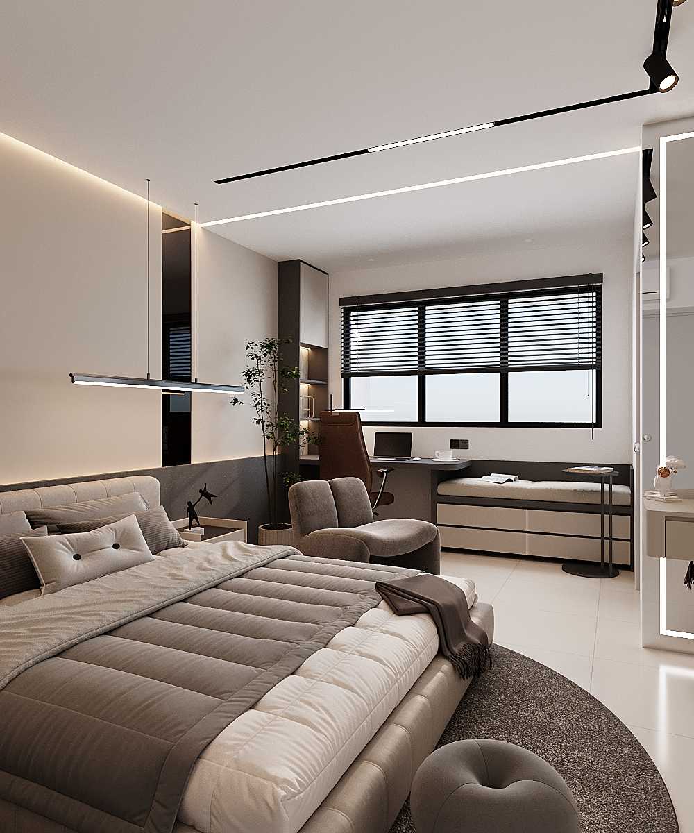 Modern Bedroom with Homogeneous Tiles and Drop Ceiling