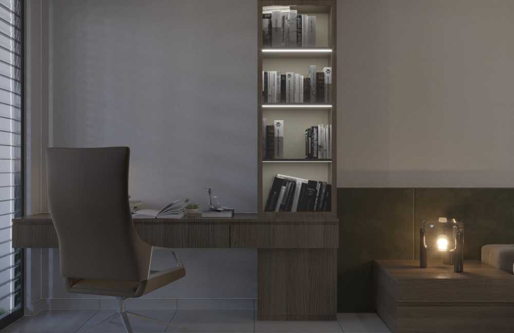 Transitional Bedroom with Bookshelf and Bedside Table