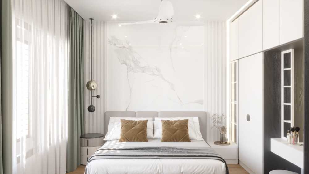 Transitional Bedroom with Ceiling Light and Bed