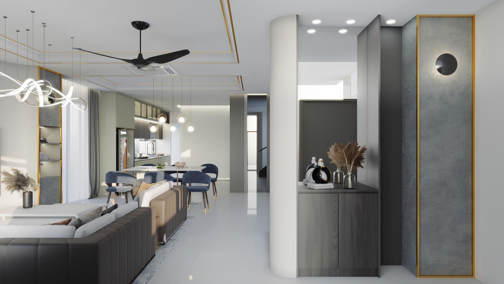 Modern Living Room with Cove Lighting and Chandelier