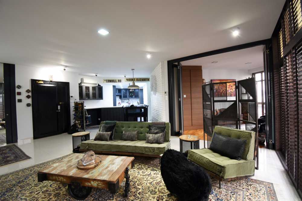 Industrial Living Room with Carpet and Downlights