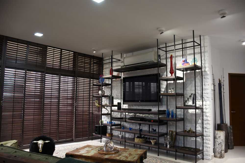 Industrial Living Room with TV Console and Feature Wall