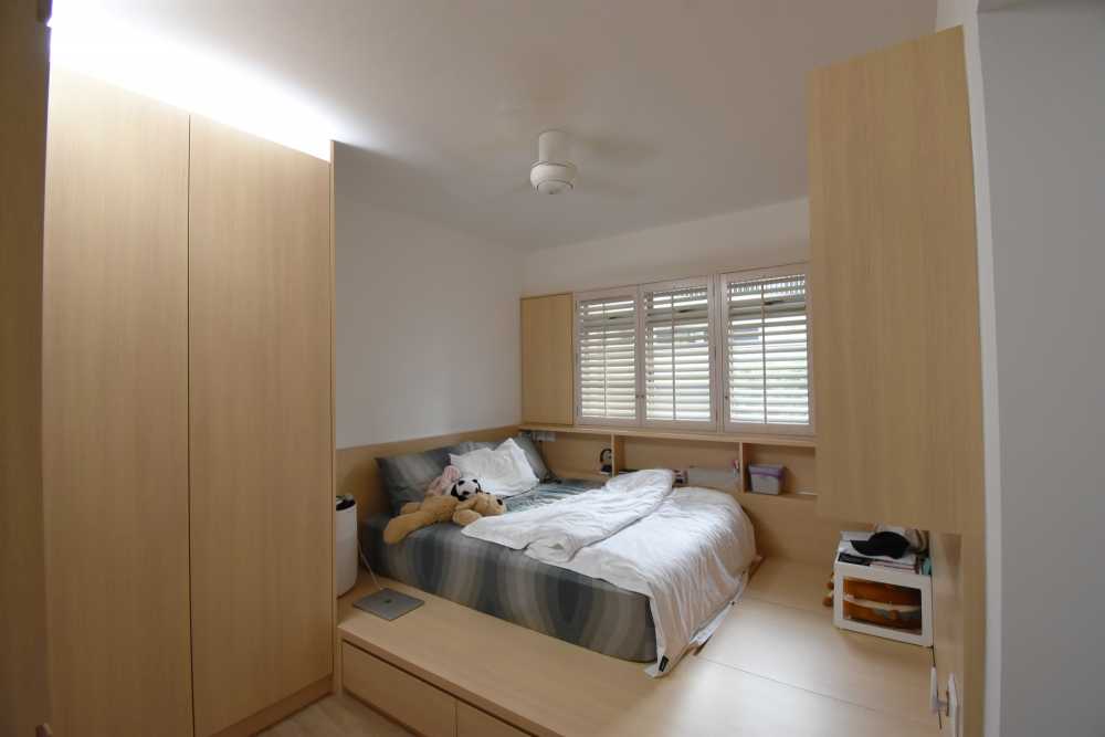 Scandinavian Bedroom with Platform Bed and Vinyl Flooring