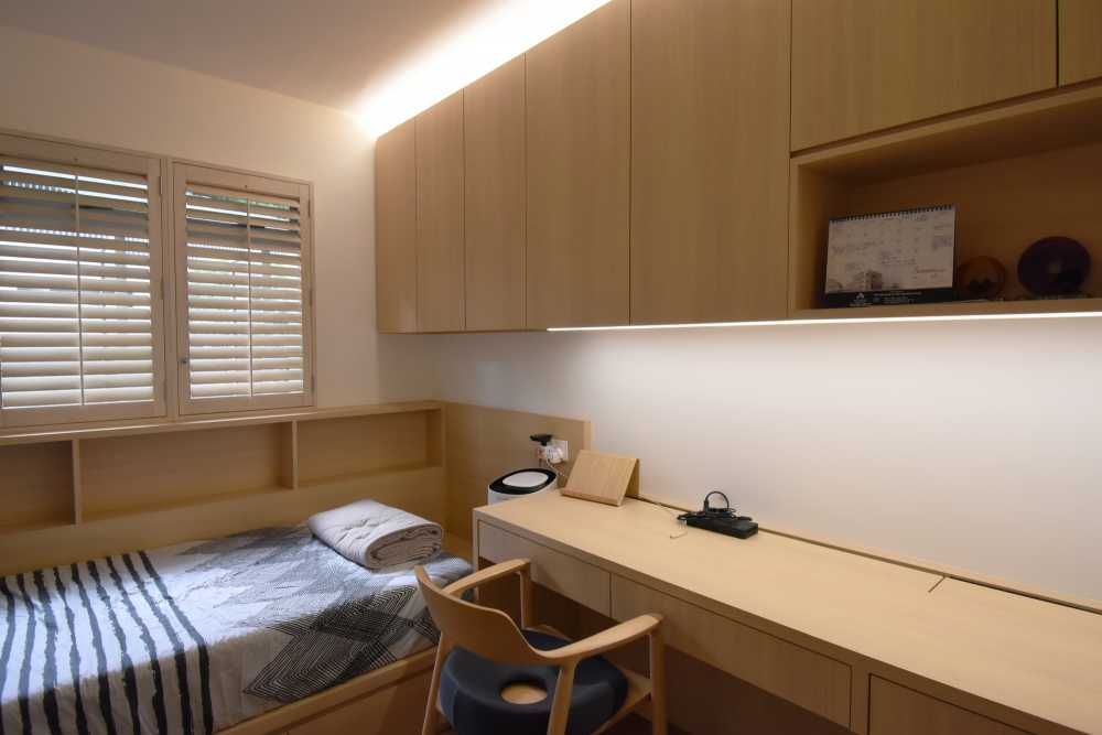 Scandinavian Bedroom with Platform Bed and Window Shutters
