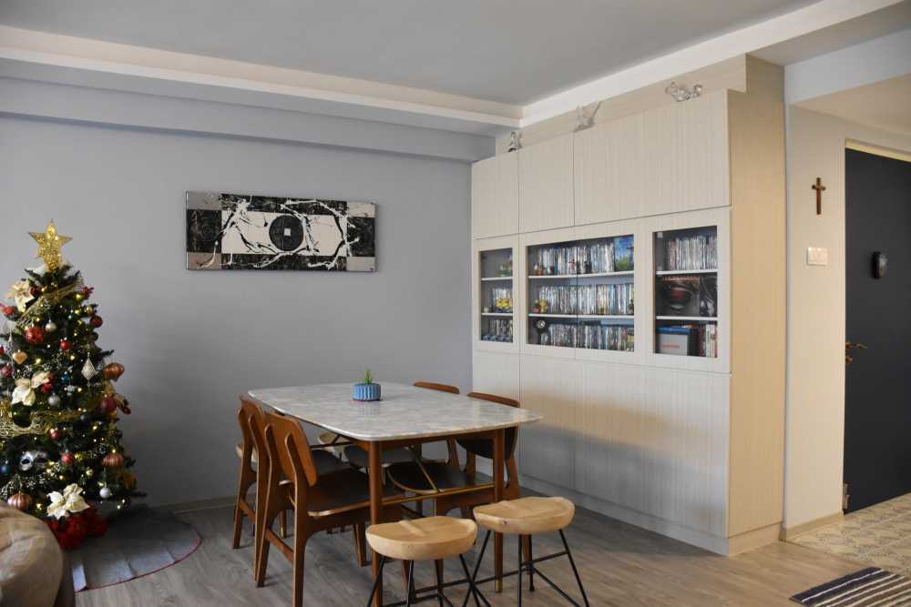 Vintage Dining Room with Vinyl Flooring and Storage Cabinets