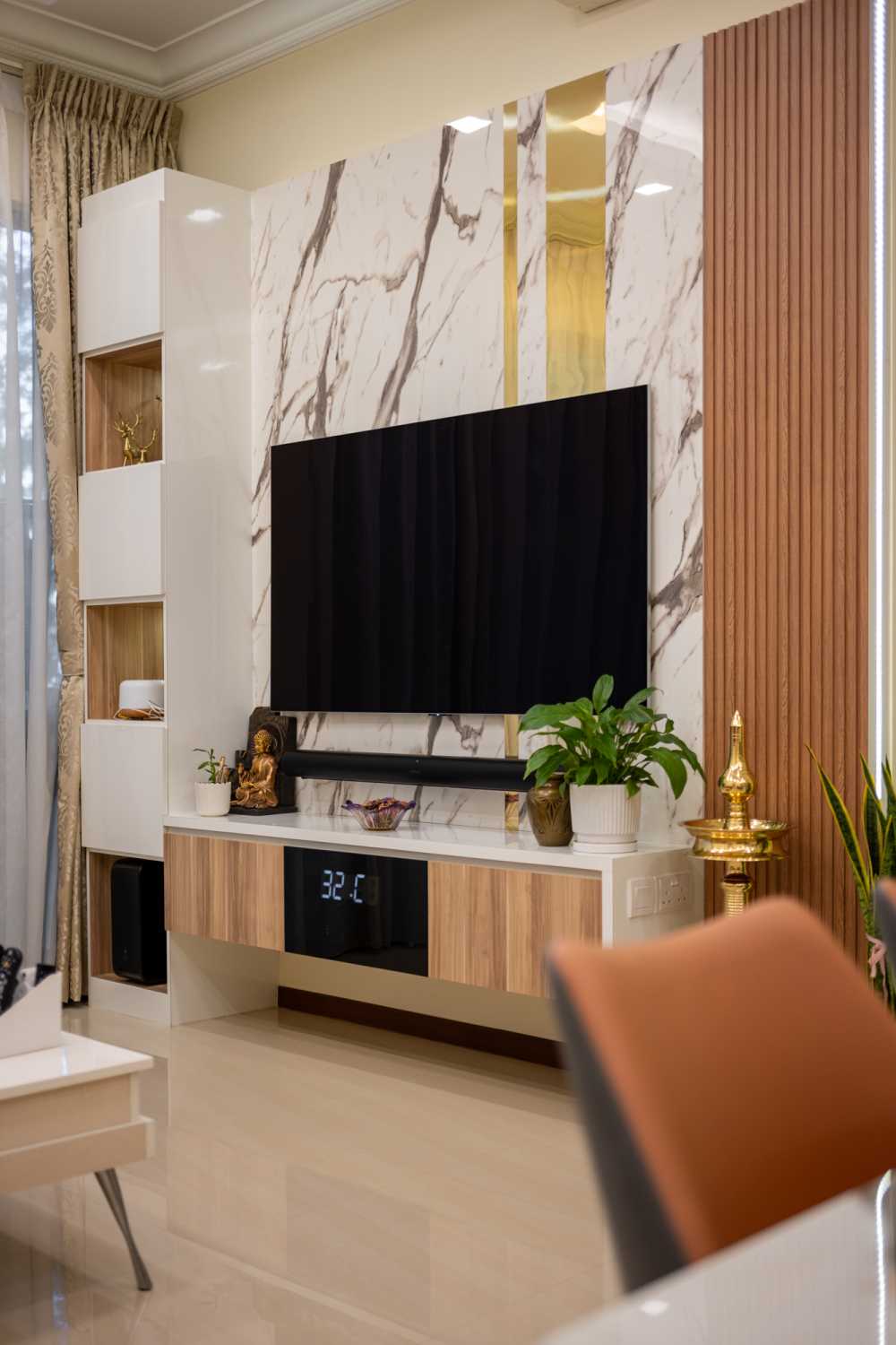 Modern Living Room with Homogeneous Tiles and TV Console