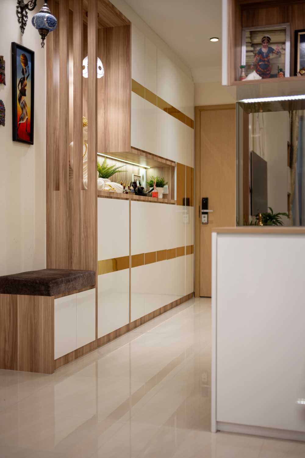 Modern Entryway with Settee and Homogeneous Tiles