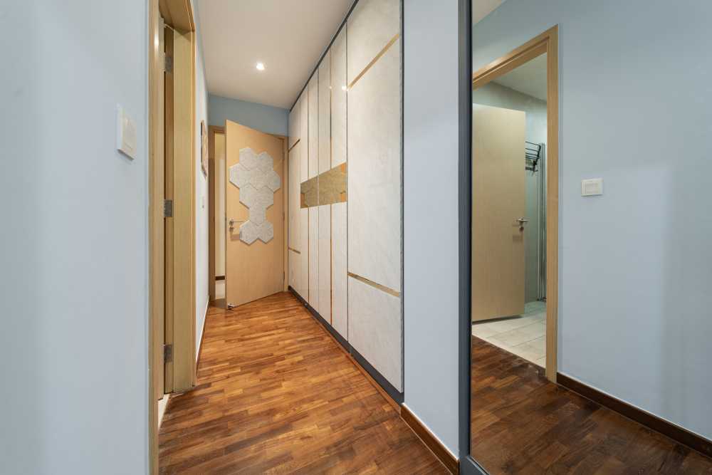 Modern Bedroom with Parquet Floor and Mirror