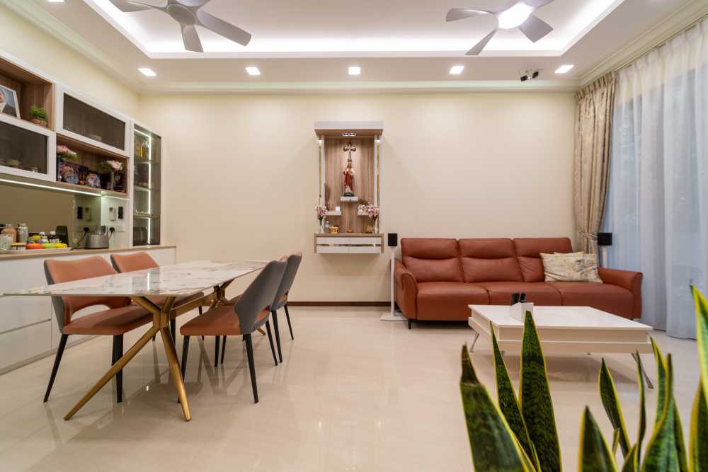 Modern Living Room with Homogeneous Tiles and Cove Lighting