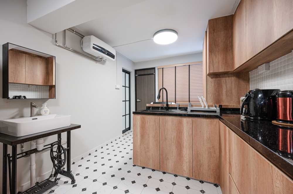 Asian Kitchen with Countertop and Open Kitchen