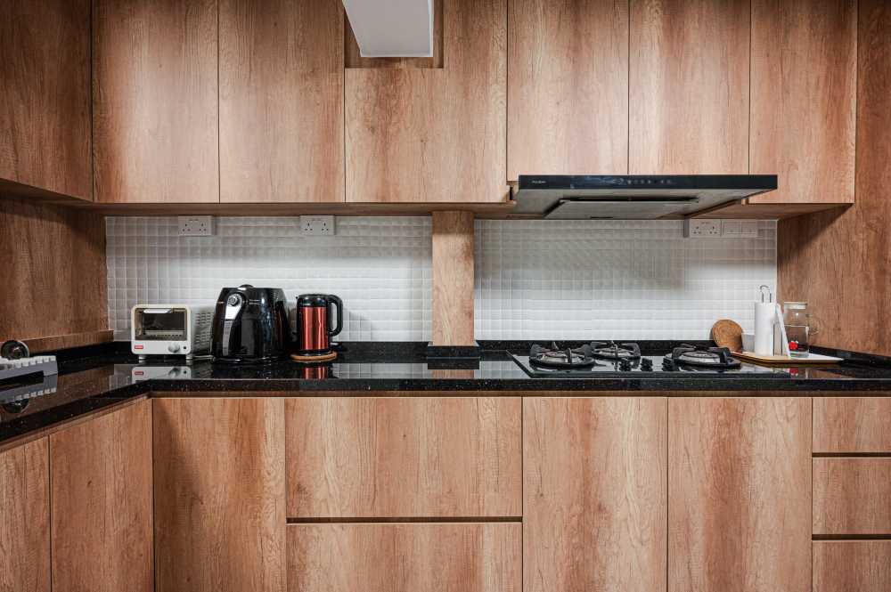 Asian Kitchen with Countertop and Mosaic