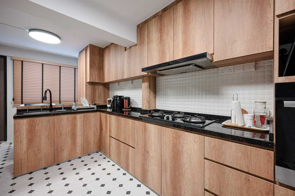 Asian Kitchen with Countertop and Open Kitchen