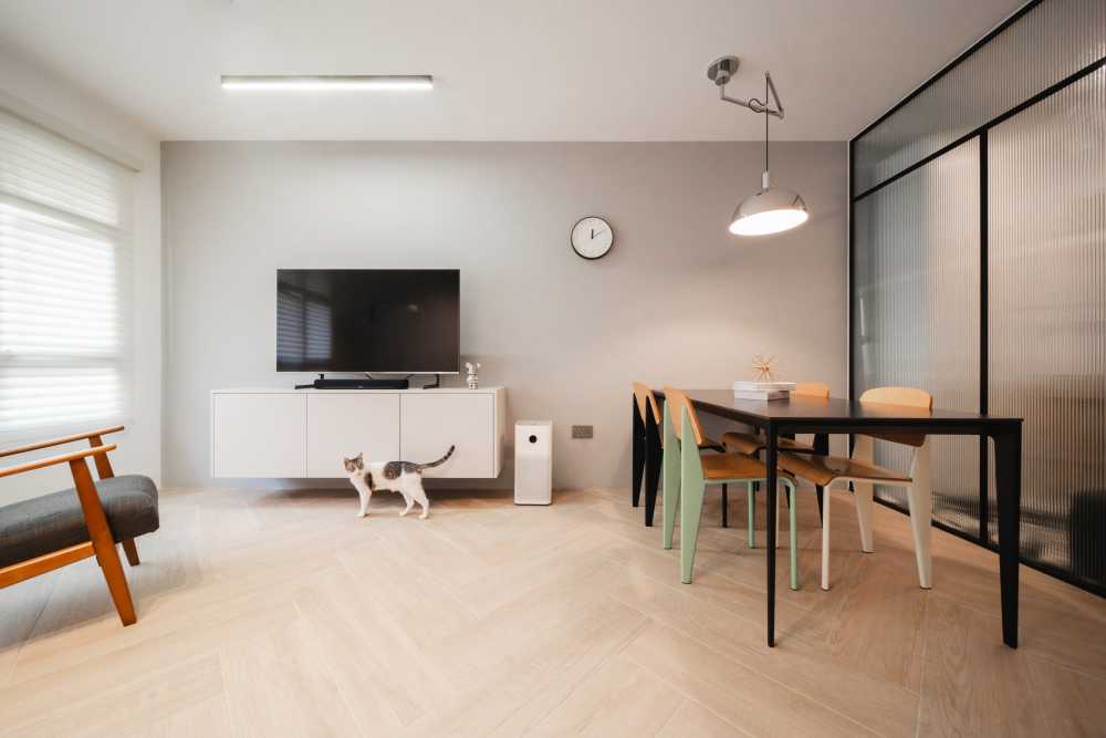 Contemporary Living Room with Herringbone Tiling and TV Console