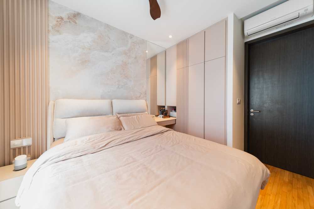 Scandinavian Bedroom with Feature Wall and Drop Ceiling