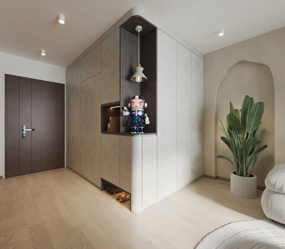 Contemporary Foyer with Artwork and Planters