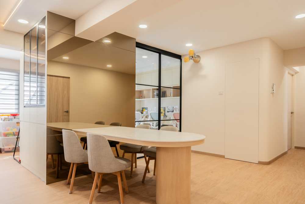 Scandinavian Dining Room with Cove Lighting and Ceiling Light