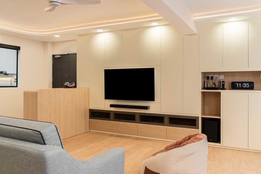 Scandinavian Living Room with TV Console and Feature Wall
