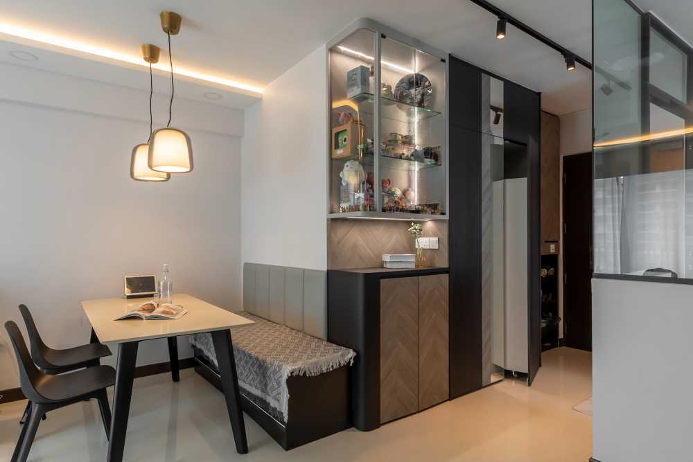 Contemporary Living Room with Homogeneous Tiles and TV Console