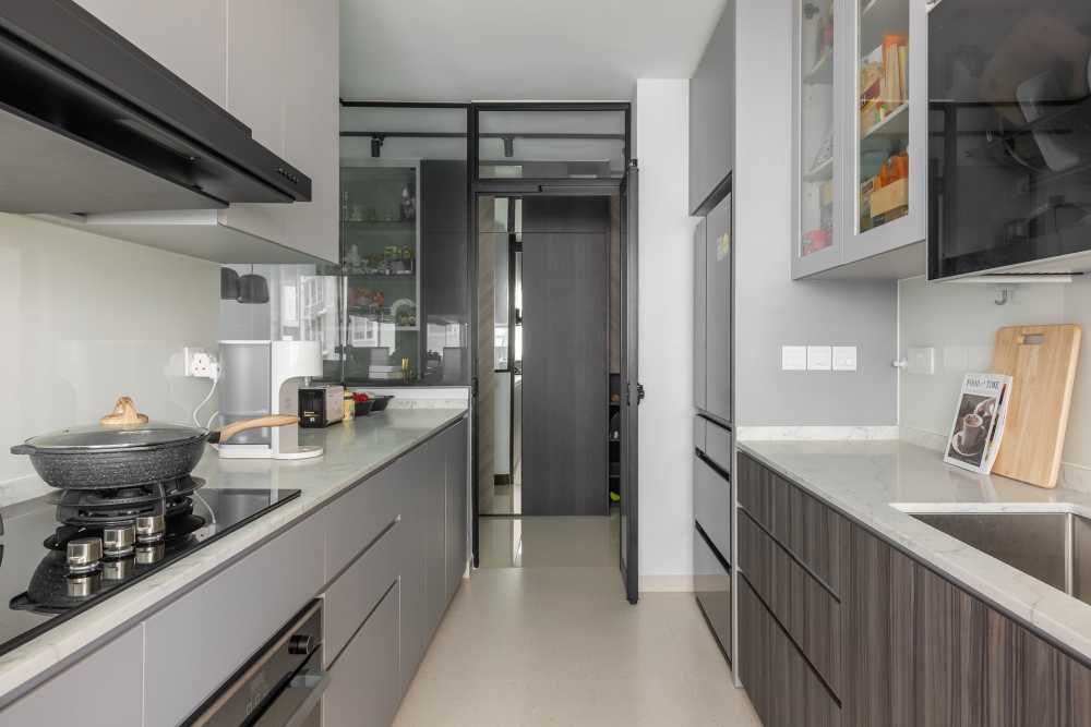 Contemporary Kitchen with Kitchen Window and Cupboard