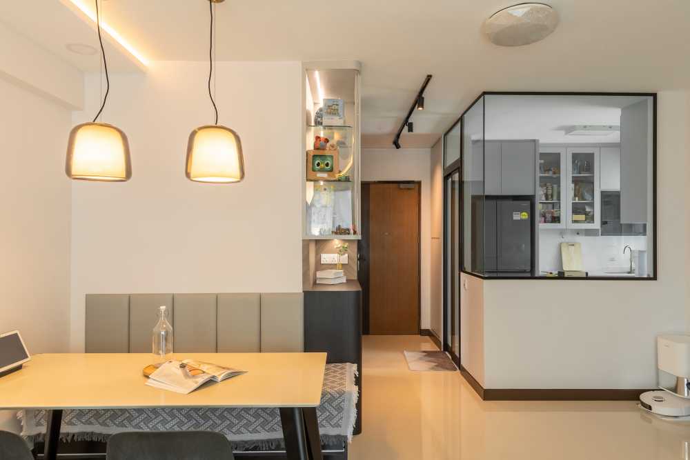Contemporary Living Room with Homogeneous Tiles and Drop Ceiling