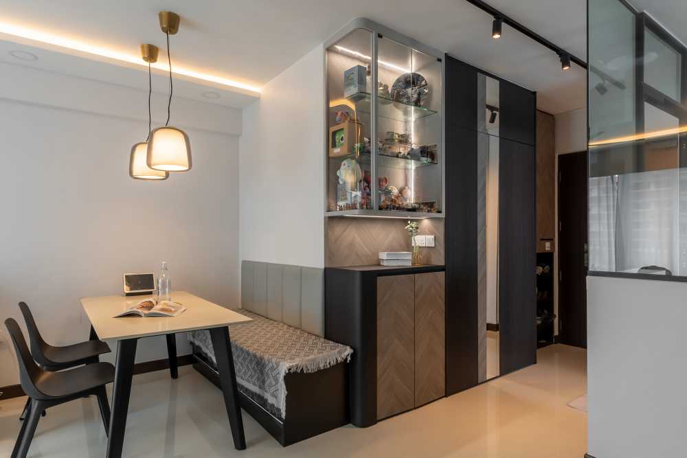 Contemporary Living Room with Downlights and Dining Chairs