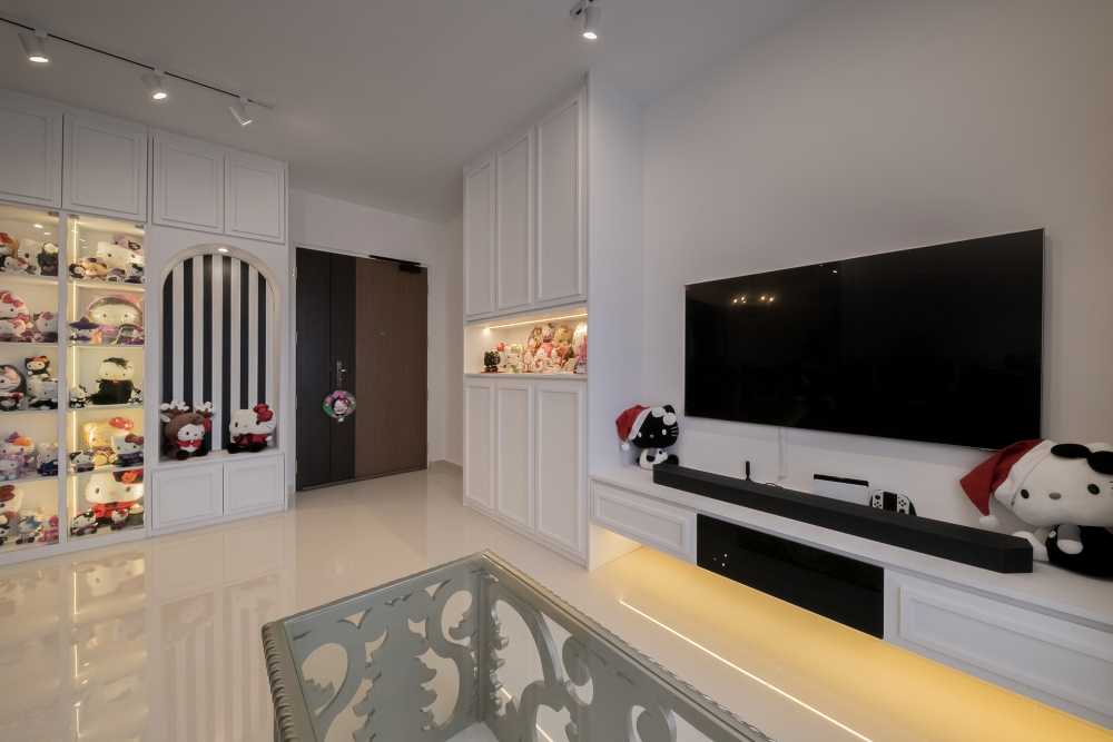 Contemporary Living Room with Homogeneous Tiles and TV Console