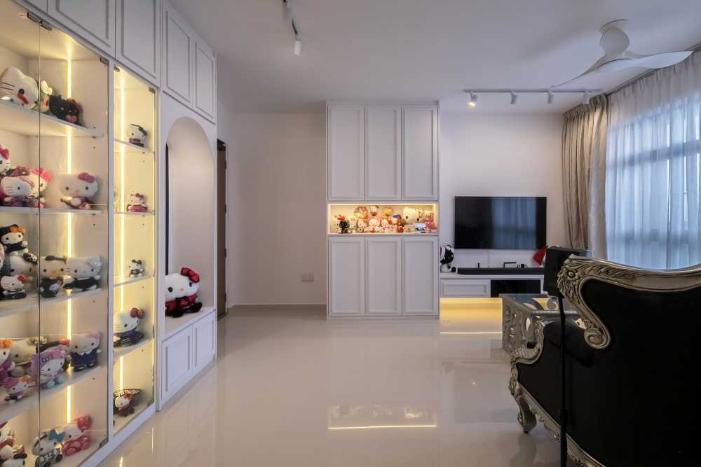 Contemporary Living Room with Homogeneous Tiles and Feature Wall