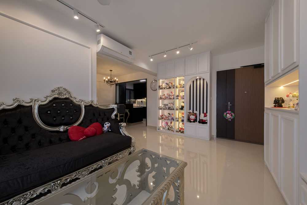 Contemporary Living Room with Homogeneous Tiles and TV Console