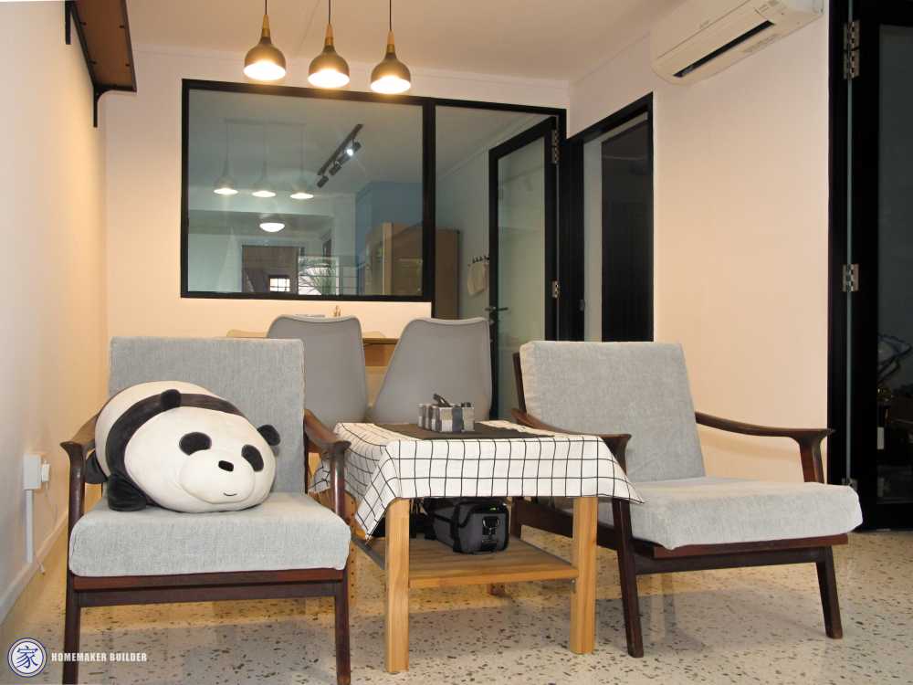 Vintage Living Room with Kitchen Window and Ceiling Light