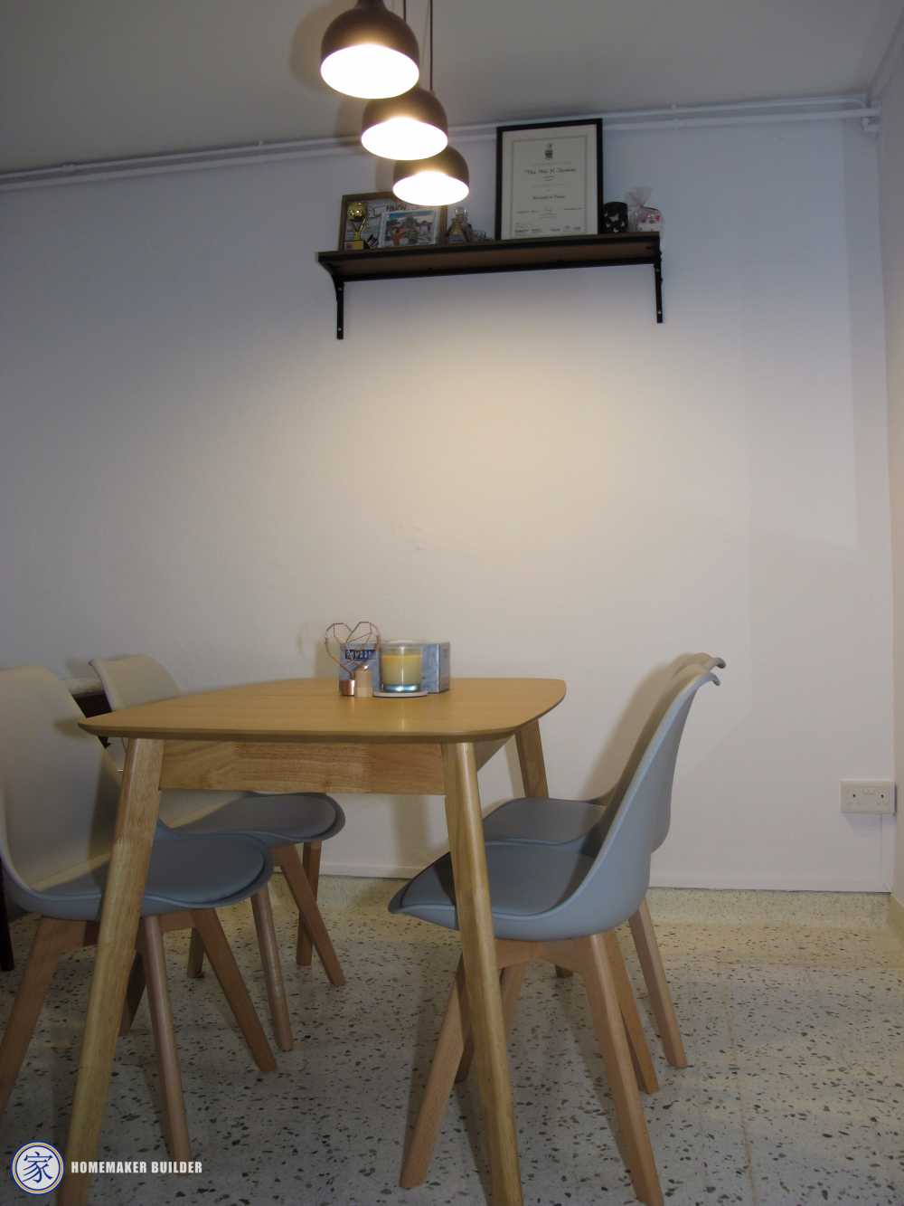Vintage Dining Room with Homogeneous Tiles and Ceiling Light