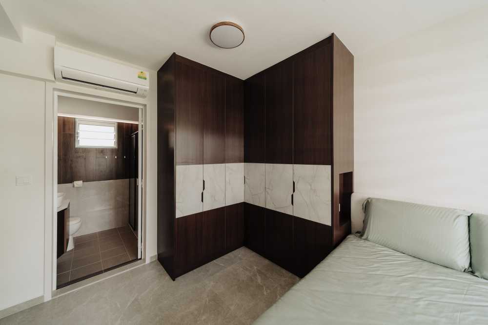 Minimalist Bedroom with Marble Floor and Wardrobe