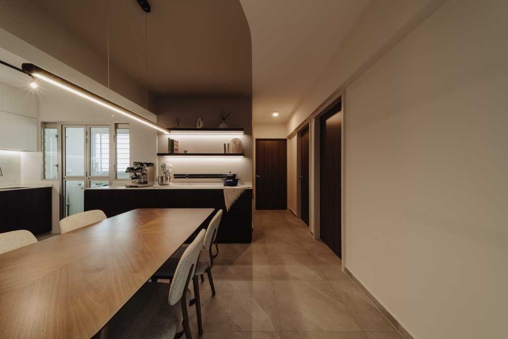 Minimalist Dining Room with Drop Light and Ceiling Light