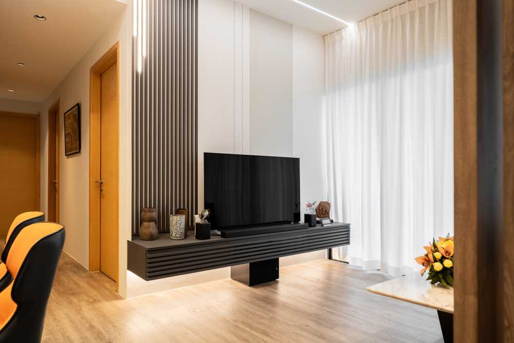 Contemporary Living Room with Vinyl Flooring and TV Console