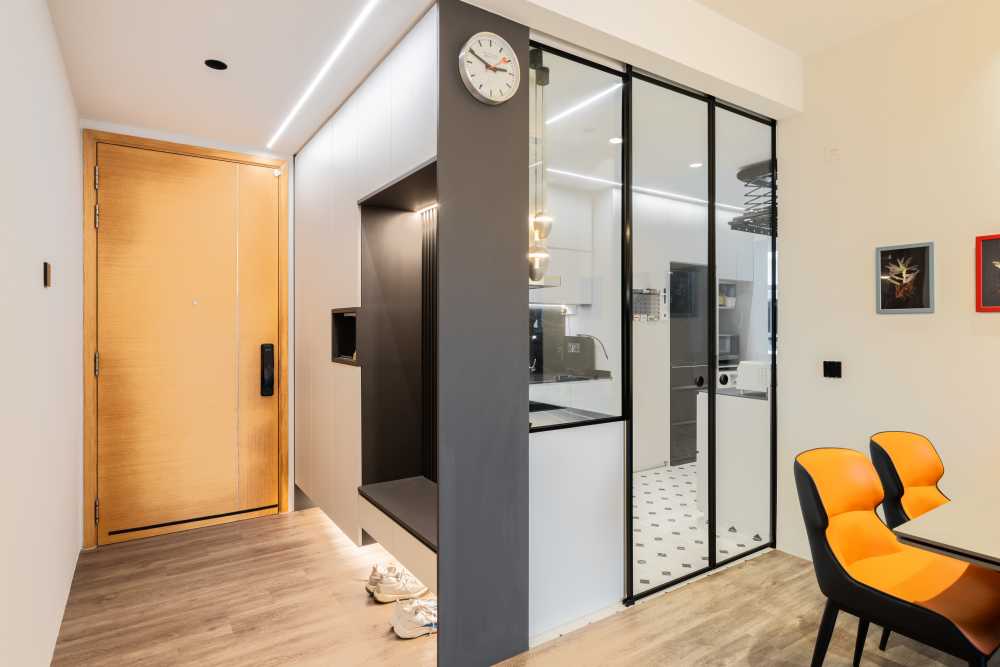 Contemporary Entryway with Mirror and Seating Bench