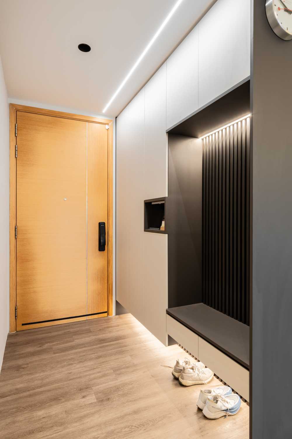 Contemporary Entryway with Mirror and Seating Bench
