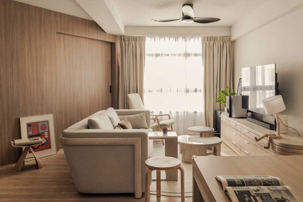 Scandinavian Living Room with Bookshelf and Vinyl Flooring
