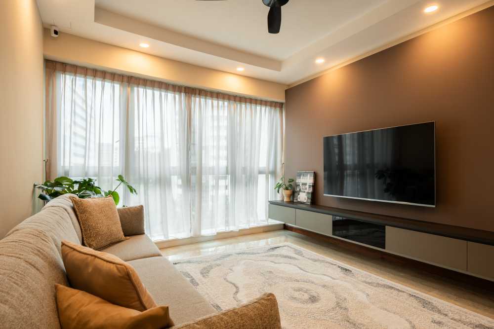 Contemporary Living Room with Homogeneous Tiles and Feature Wall