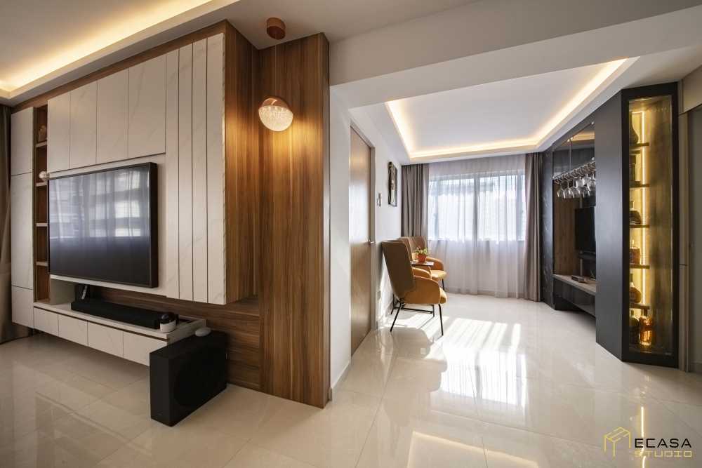 Contemporary Living Room with Bookshelf and Marble Floor