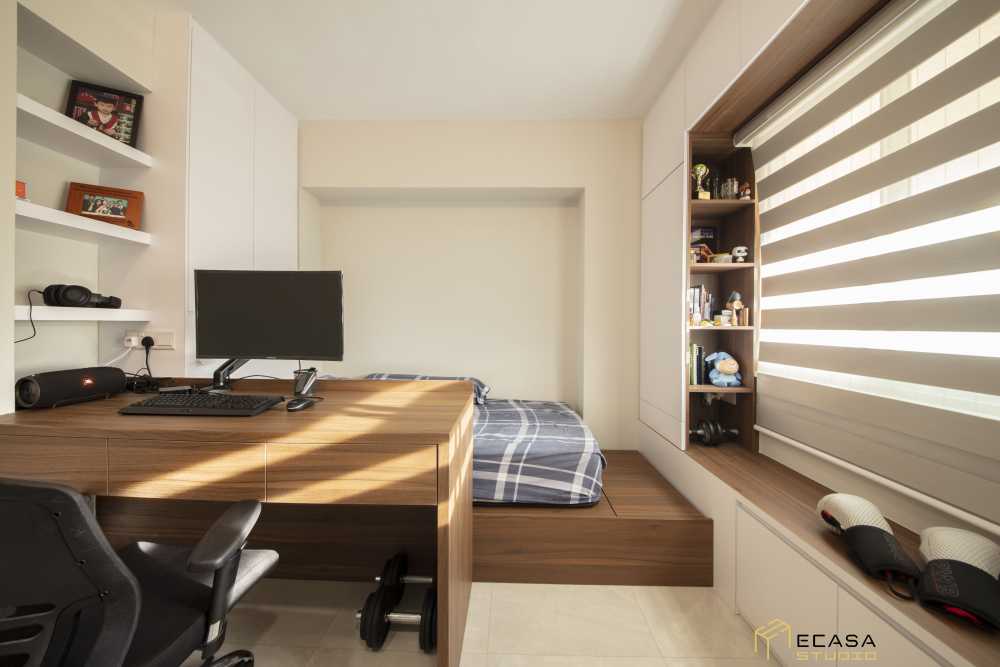 Contemporary Bedroom with Bookshelf and Built-in Bed
