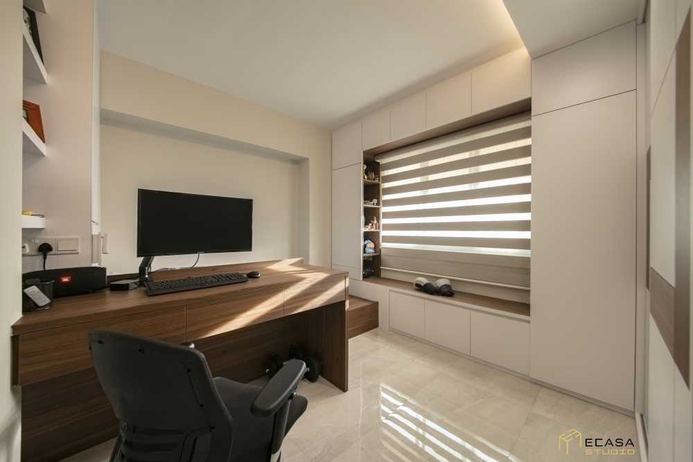 Contemporary Bedroom with Bookshelf and Marble Floor