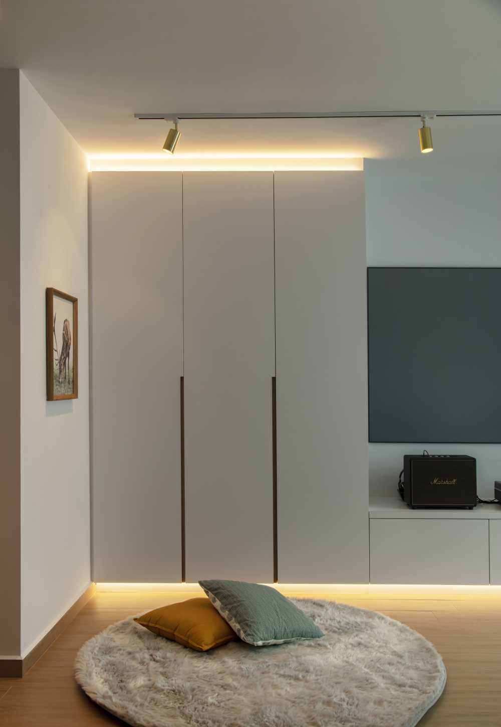 Scandinavian Living Room with Wood Flooring and TV Console