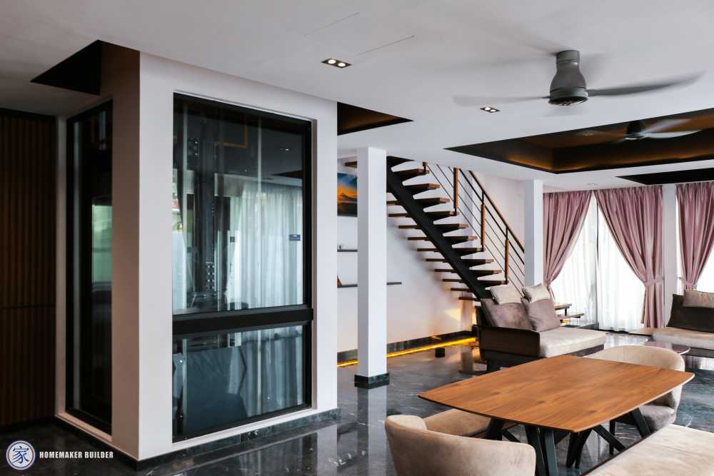 Modern Living Room with Staircase and Drop Ceiling